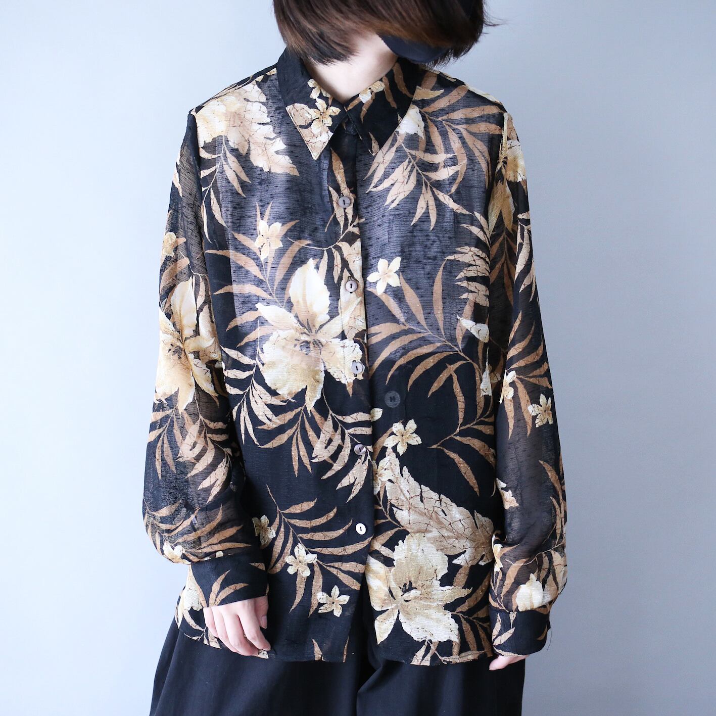 flower and reef  pattern mode see-through shirt