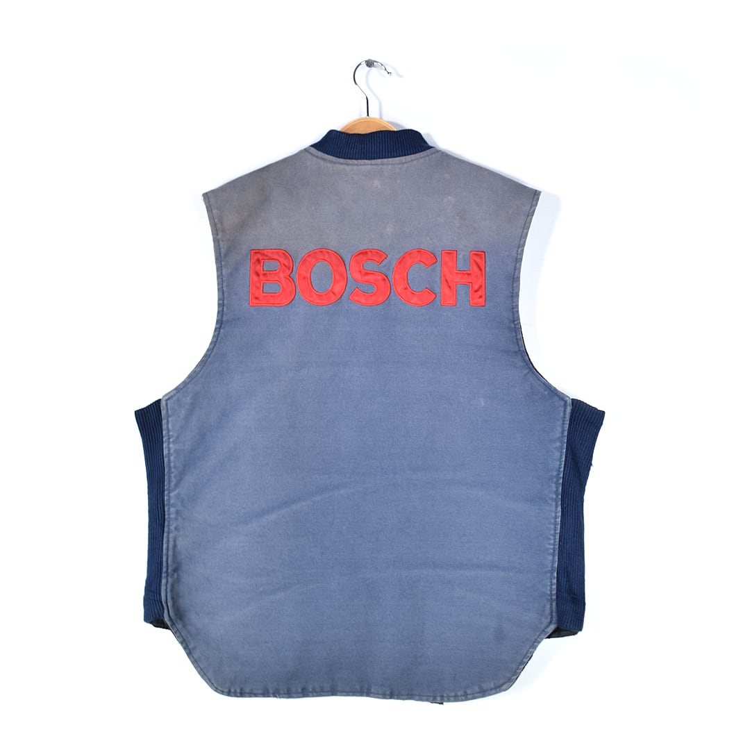 タフダック カナダ製 ダック地 ワークベスト ネイビーダック フェード 雰囲気系 刺繍 企業系 ボッシュ 電動工具 BOSCH 内キルティング TOUGH DUCK サイズXL相当 古着 @CJ0106