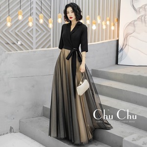 ジャケット風トップスのバイカラーエレガントロングドレス GR001