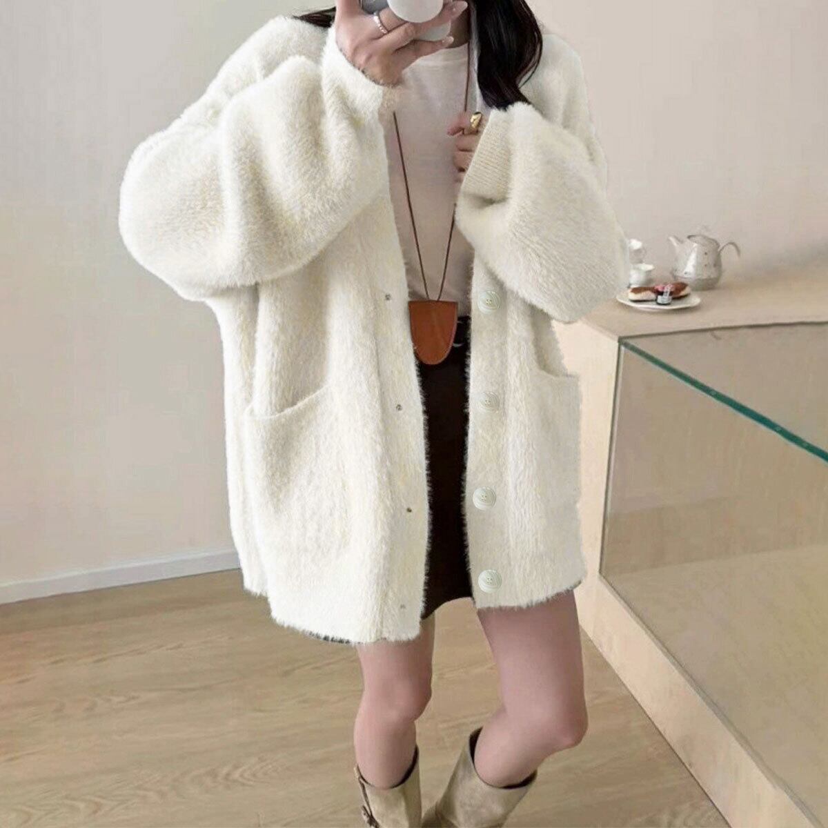 シャギーニット カーディガン Vネック レディース 秋冬 韓国 ニット ゆったり 体型カバー 大人 かわいい きれいめ カジュアル おしゃれ 重ね着 ロング丈 羽織り トップス 大人可愛い 大人女子