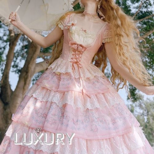 甘ロリ ワンピース のみ ティアード 半袖 ロング丈 スクエアネック