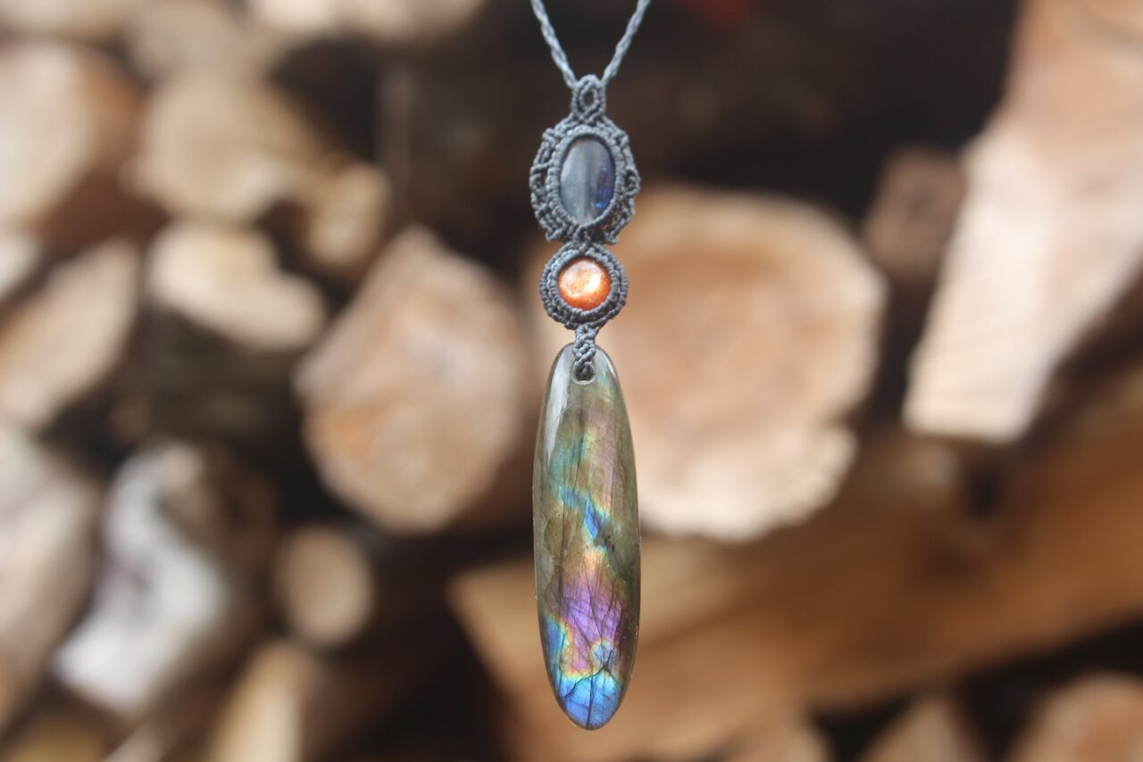 Multi Purple Labradorite & Sunstone & Kyanite micro macrame pendant