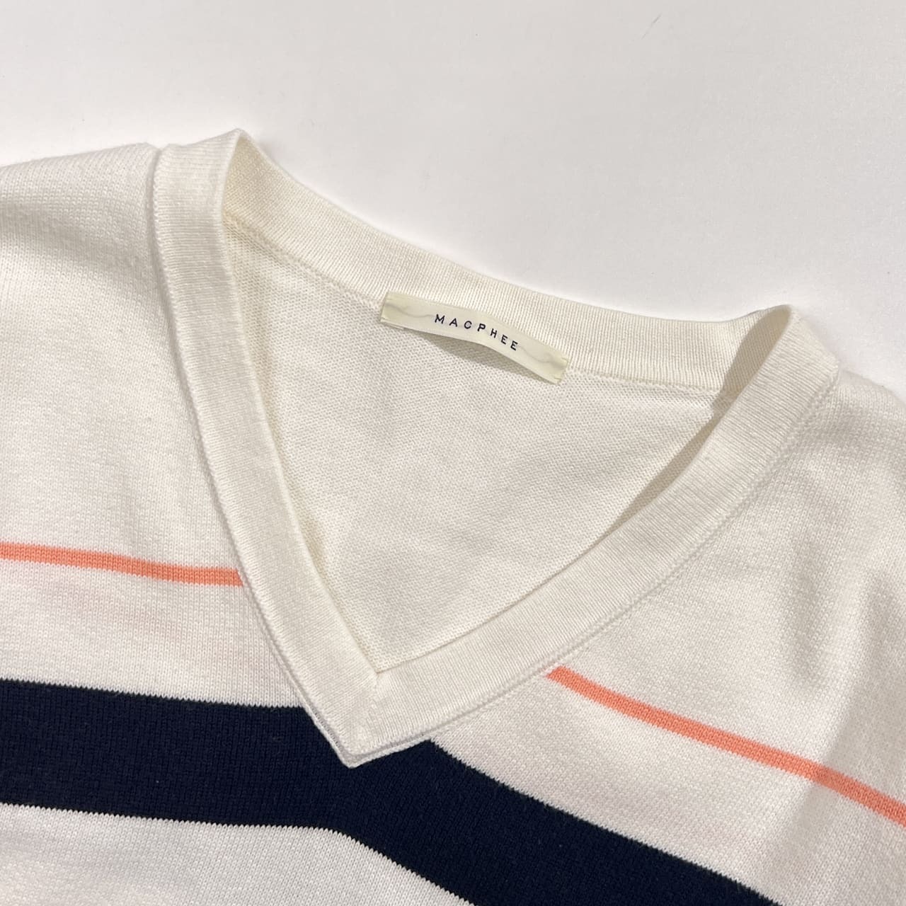 MACPHEE マカフィー ボーダー  Vネック コットン ニット カットソー S/ホワイト系 レディース