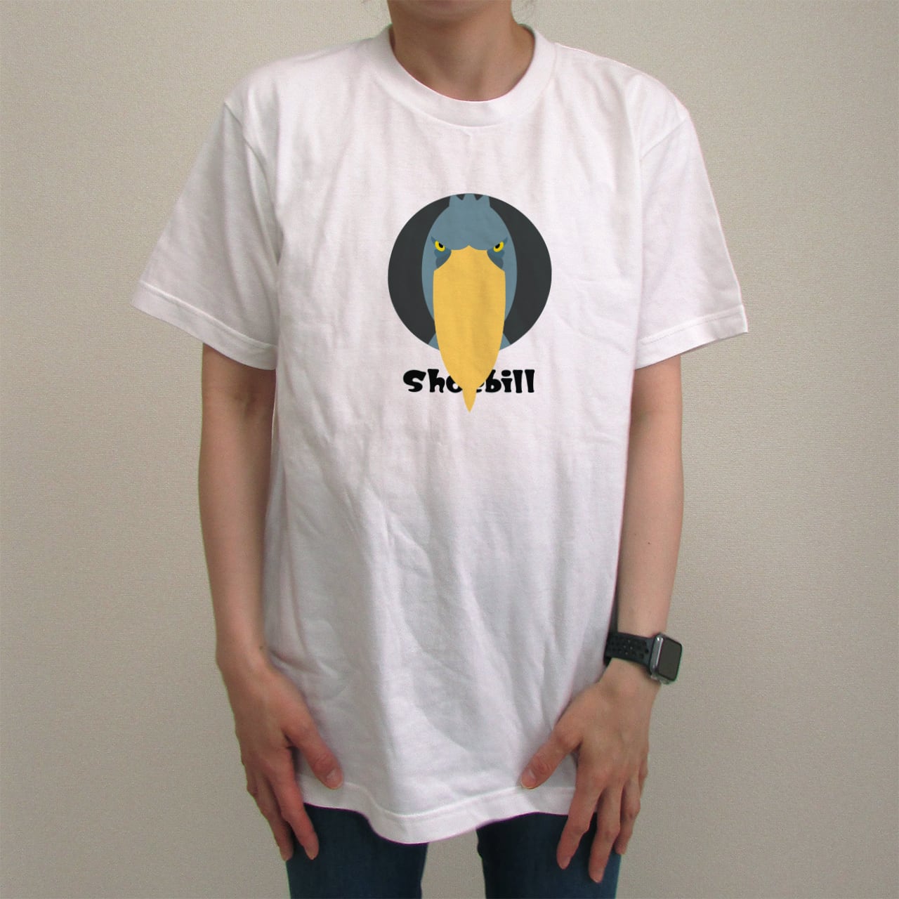 ハシビロコウ 英語｜カラープリントTシャツ【ホワイト／送料無料／受注