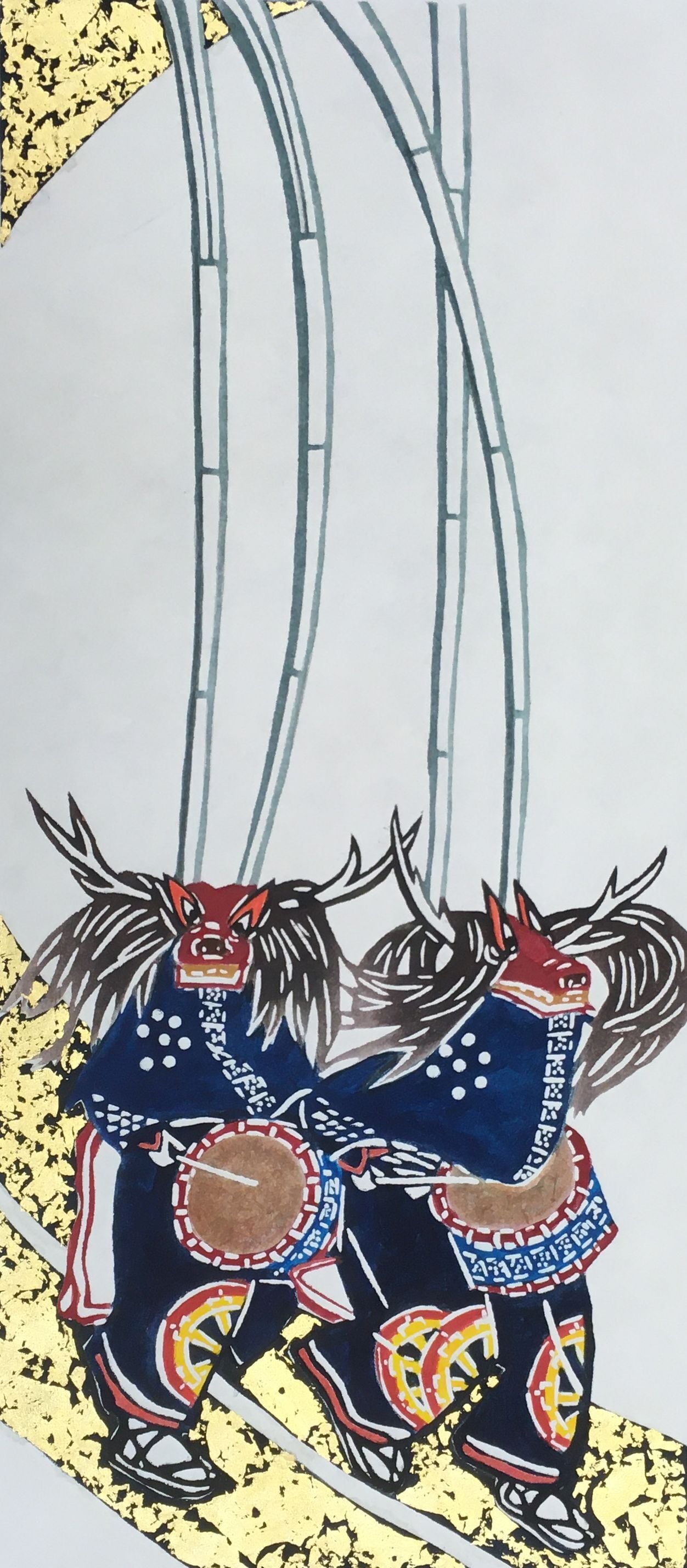 【真作】版画　木版画　牝鹿かくし 神秘的な民俗舞踊図　C52 鹿子踊り I（岩手県） | Gallery Enatsu 江夏画廊 | ハートウォー