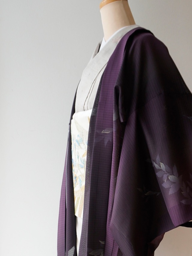 【絽羽織】紫濃淡暈かし　葉文変わり絽羽織　ガード加工済