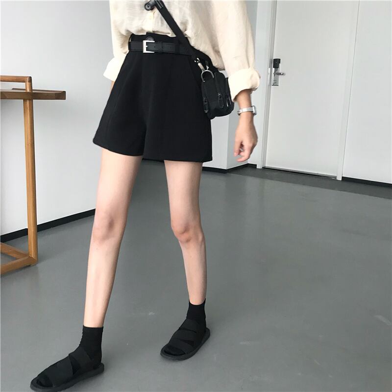 夏のシンプルなルーズハイウエスト無地カジュアルショーツ学生ワイドレッグパンツスーツショーツベルト付きパンツ YY-ファッション2462609949