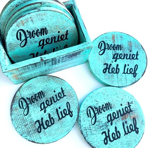 海を感じる メッセージ 丸型木製コースター 6P 収納BOX付(ミント)【バリ島直輸入】