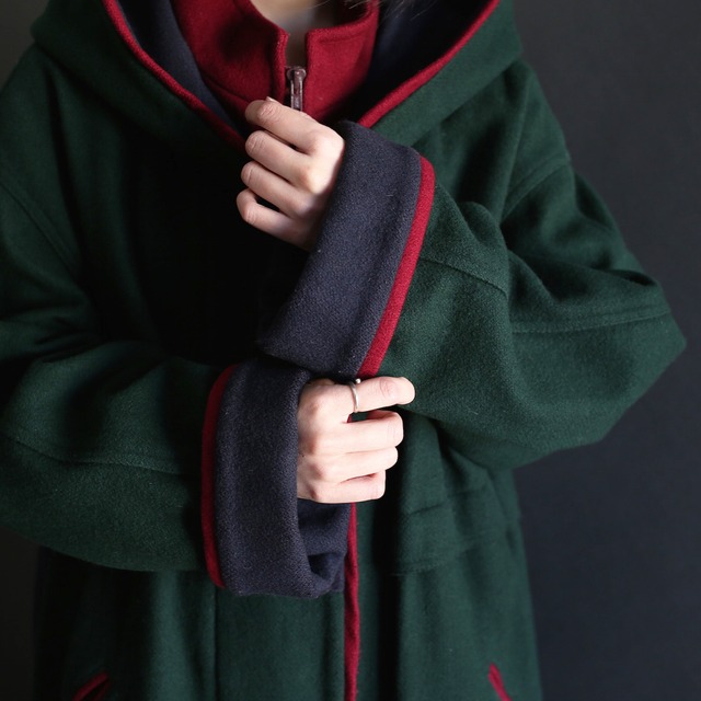 zip and button high-neck hooded wool coat