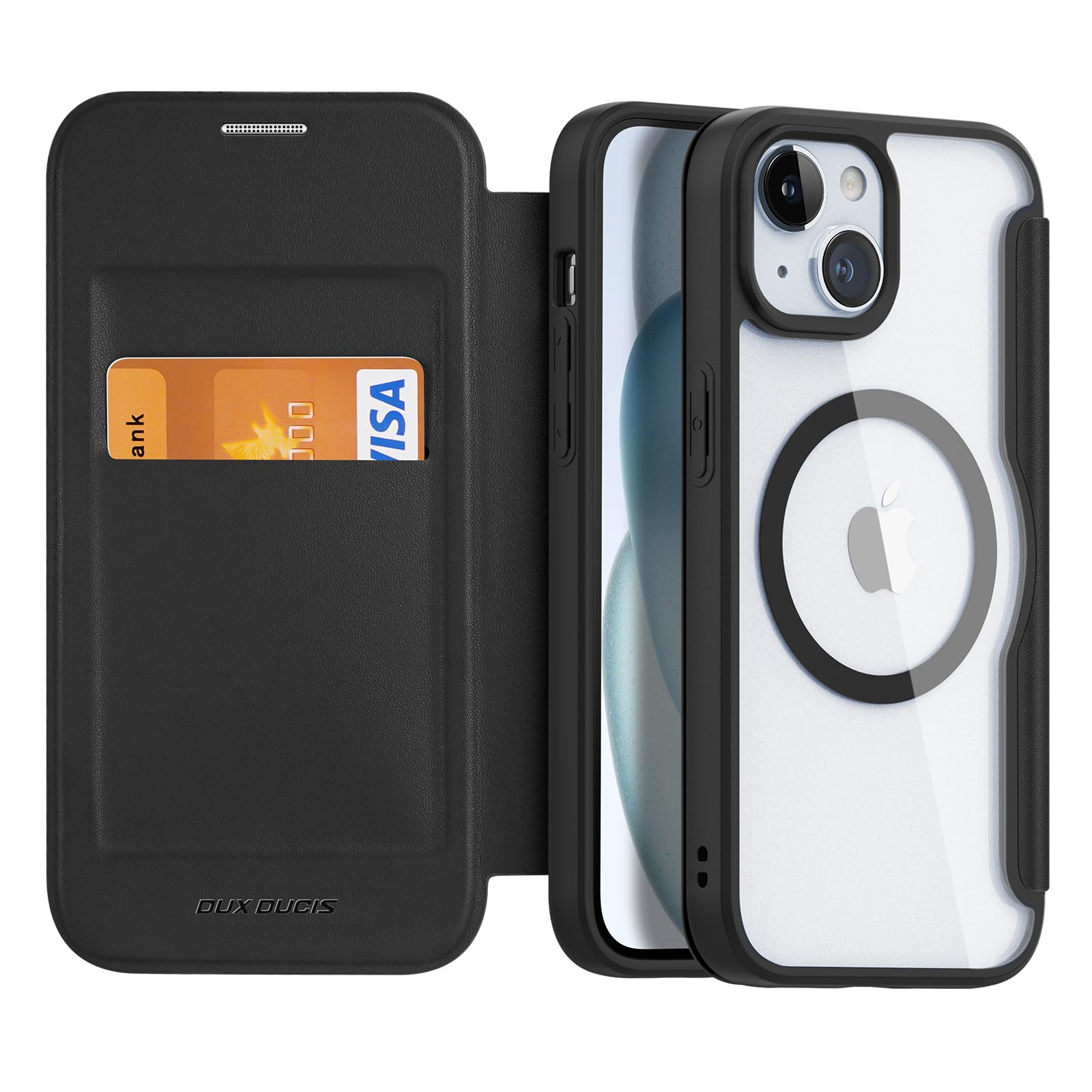 NODALA iPhone 15 用 ケース 手帳型 MagSafe対応 カード収納 背面クリア ブラック