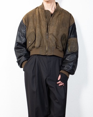 short length leather switching design oiled jacket / Made In FRANCE / From EUROPE