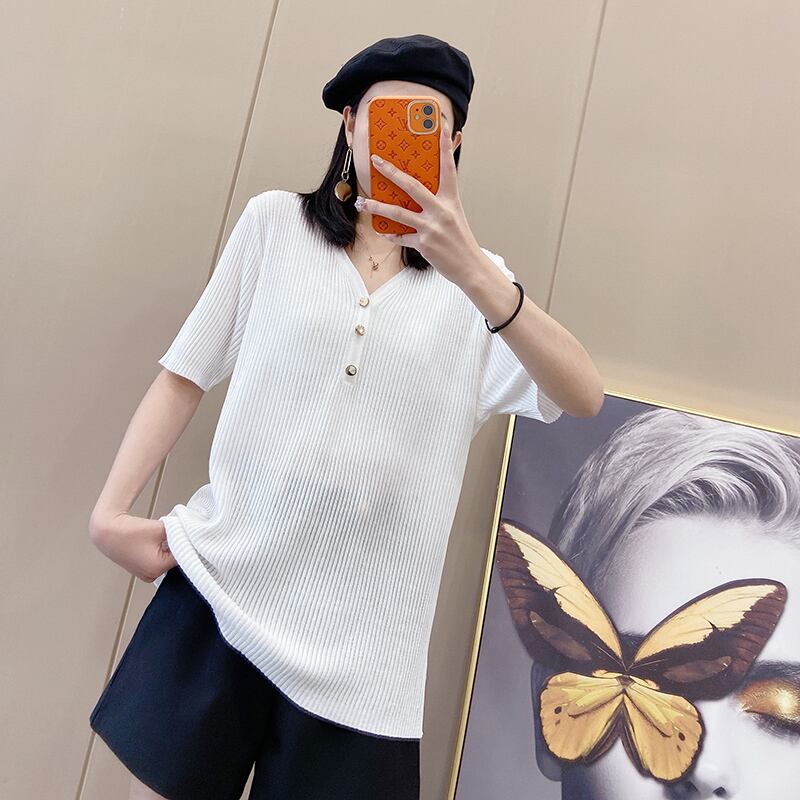 VネックストライプTシャツ サマー薄手ニットトップス 大きめサイズ 夏物 ミックスインファッション85752896994