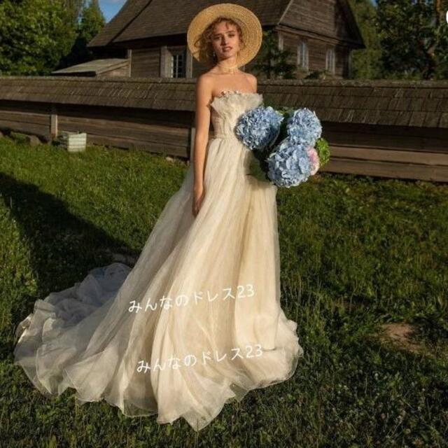 エレガント ウェディングドレス ベアトップ トレーン 前撮り 花嫁フォーマル/ドレス