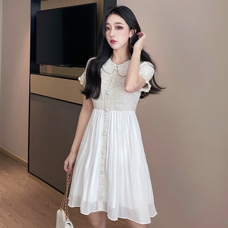 フレンチレトロ気質ワンピース2020夏新作レディースウエストスリムステッチシフォンAラインショートスカート 1号婦人27759952321