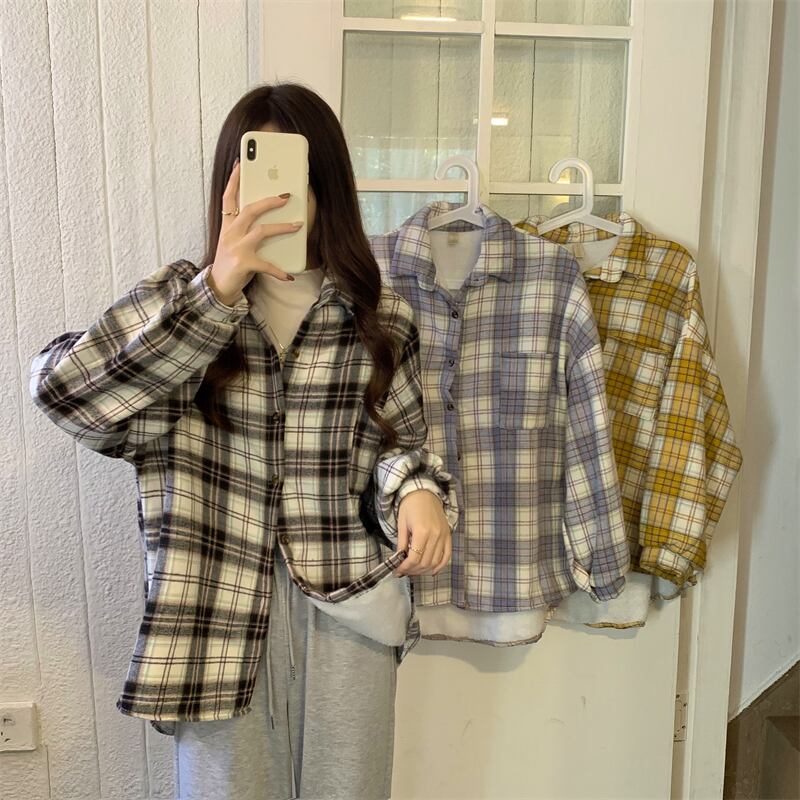 シャツ オータムウィンタートップス スタンダード格子柄ベルベットジャケット ロング レトロ 秋物 冬物 1号婦人59397267518