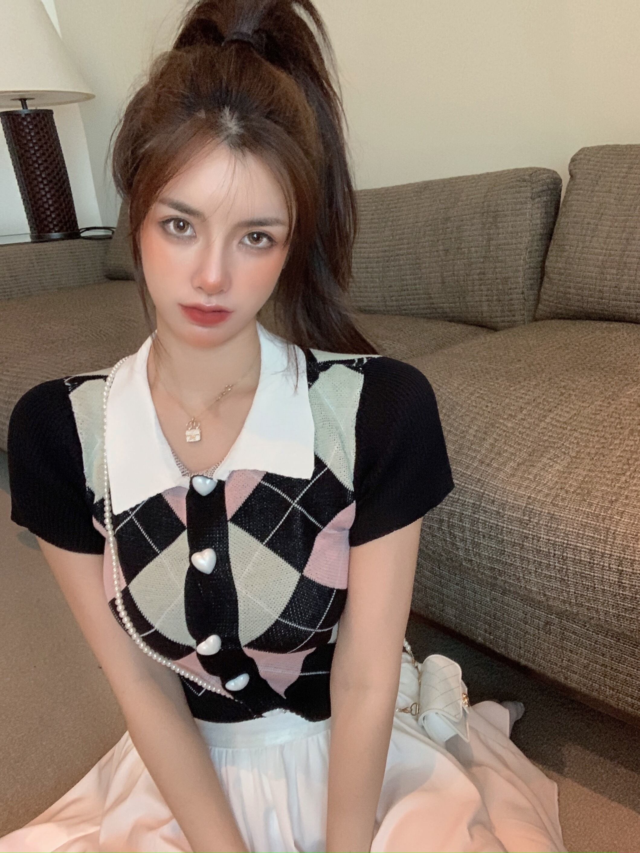 格子柄ニットカーディガンTシャツ サマー薄手半袖スリーブトップス ショート ハーフスリーブ 夏物 ヨーロピアン ブラックストロベリース14243682054