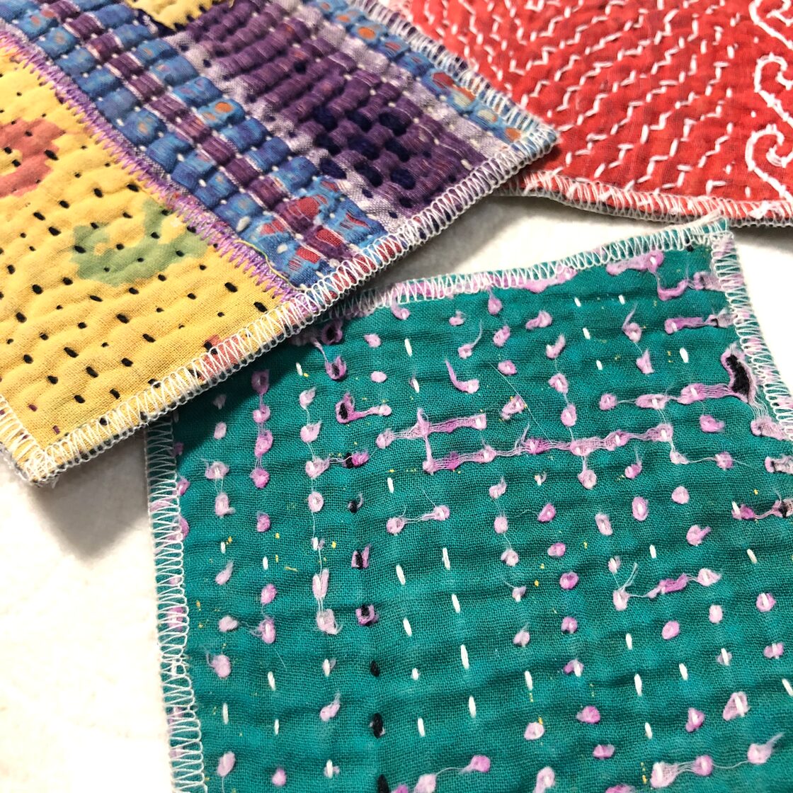 ヴィンテージラリーキルトのコースター5枚セット 刺し子 刺繍 パッチ 
