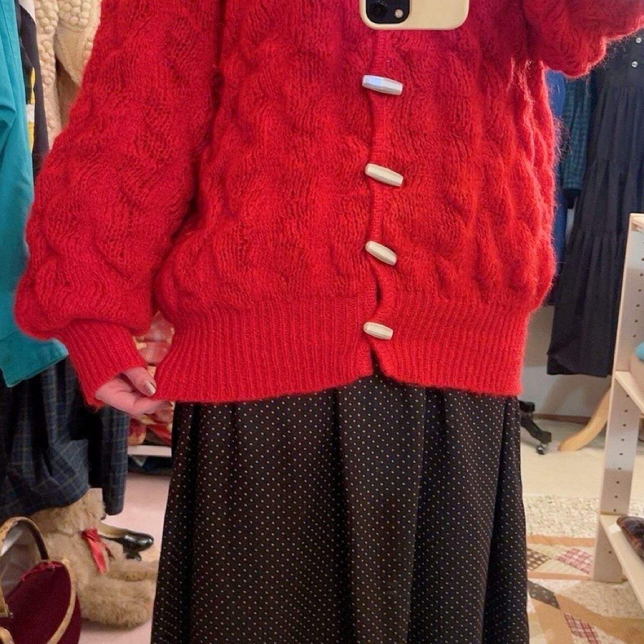 toggle button red cable knit cardigan