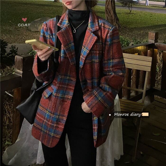 スタンダード格子柄レディースオータムウィンターコート ルーズカジュアル レトロ 秋物 冬物 モンロー49252404277