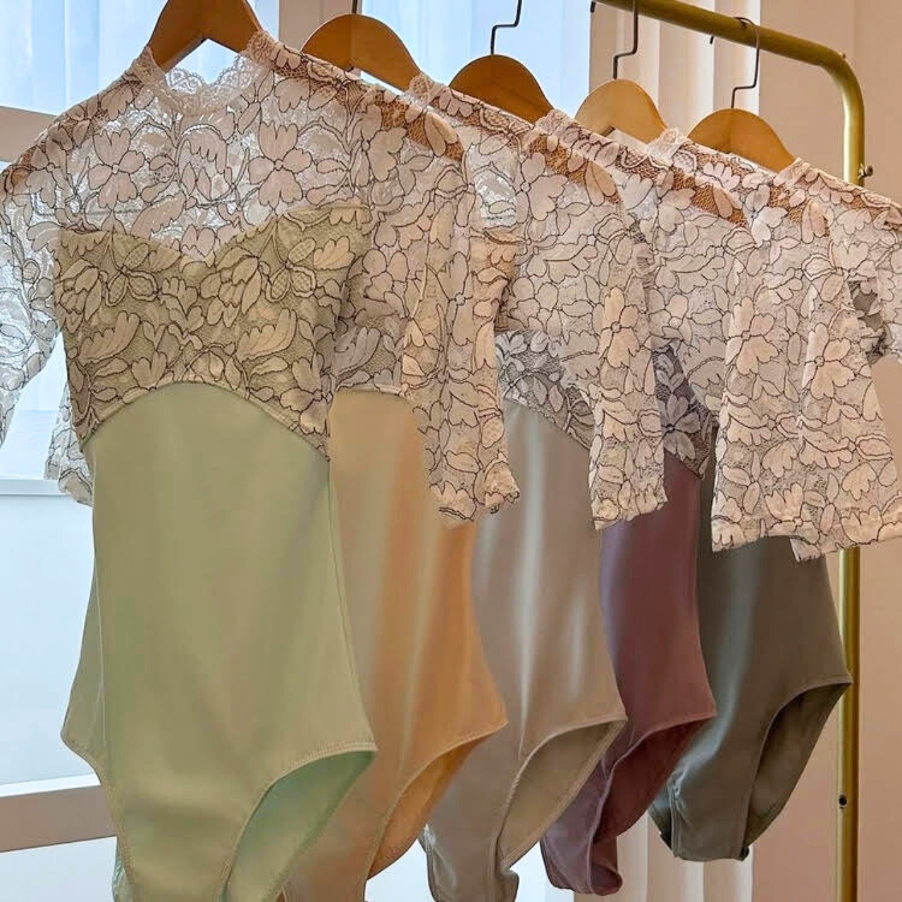 【即納】レーススリーブレオタード ミントグリーン XL L0863