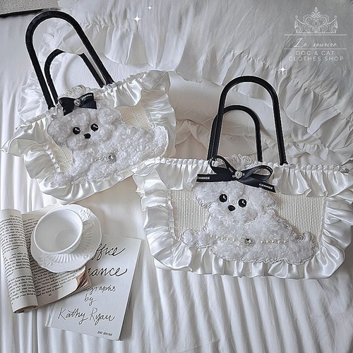 予約【№B05132】マルチーズのモチーフ　サテンフリル　キャリーバッグ　Ｌサイズ