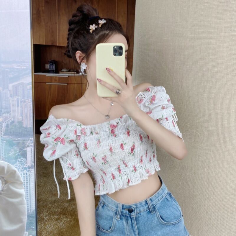 シャツ スタンダードフローラルスリーブショートトップス レディース レトロ 花柄 オフショルダー ハンチェンe24830921362