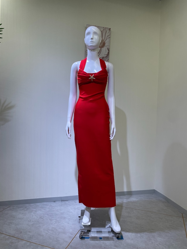 【新品DRESS 4830】ホルターネック バッククロス スターフィッシュ ヒトデモチーフブローチ ギャザー ストレッチ タイト ロングドレス レッド【インポート】