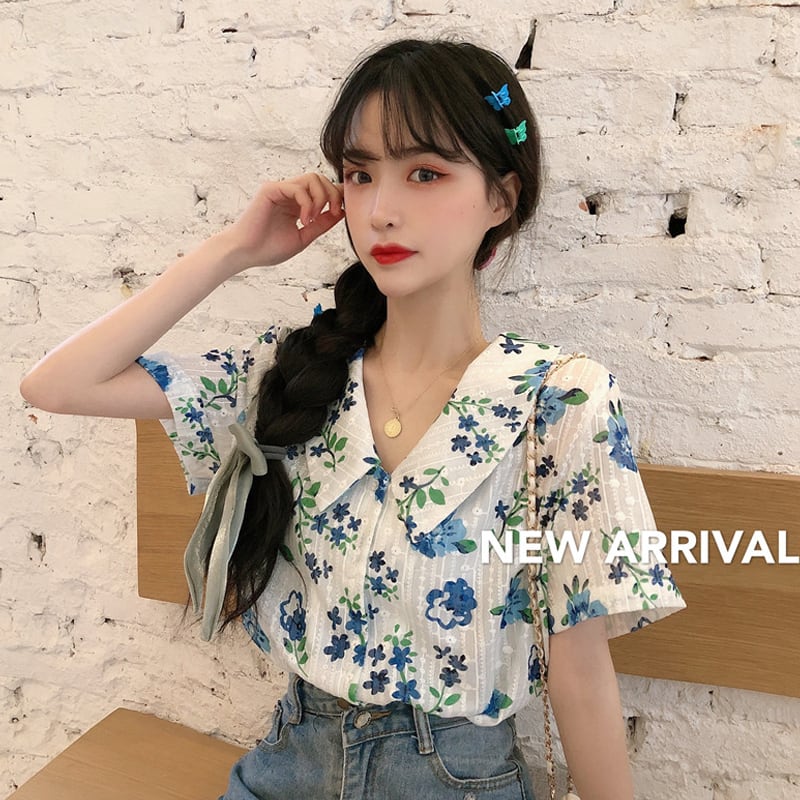 【韓国直輸入】高級コットン/縫製　夏レディースシャツ 夏服韓国ファッションカラーフローラルシャツ レディーススリム