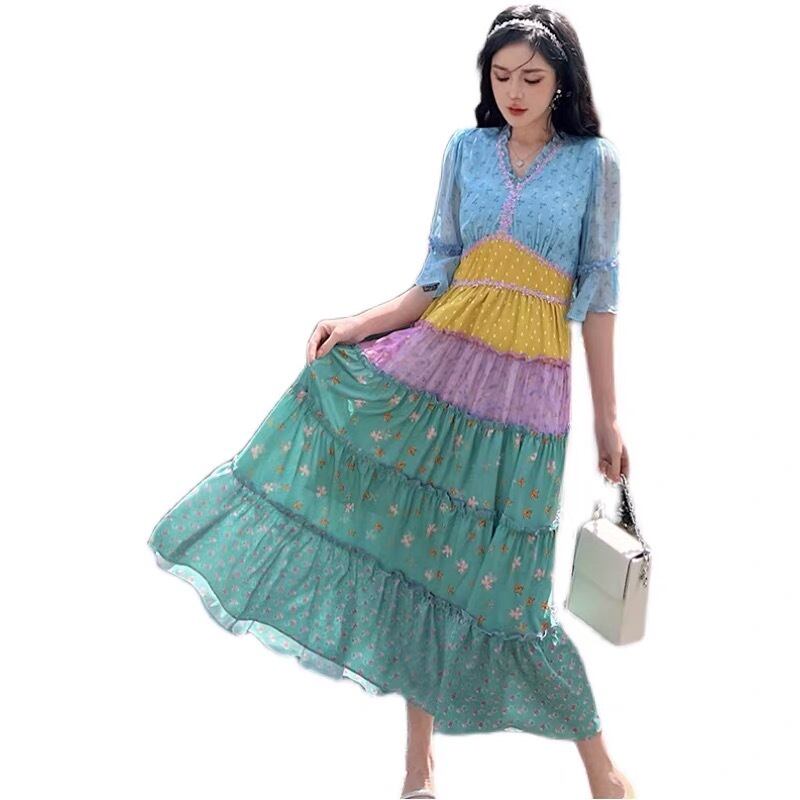 ワンピース グラデーション ピンク 赤 緑 ワンピース ガーリー ライン