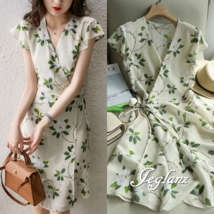 フローラル ラップ ワンピース ドレス きれいめ ひざ丈 大人 シック ♪(M3601)β