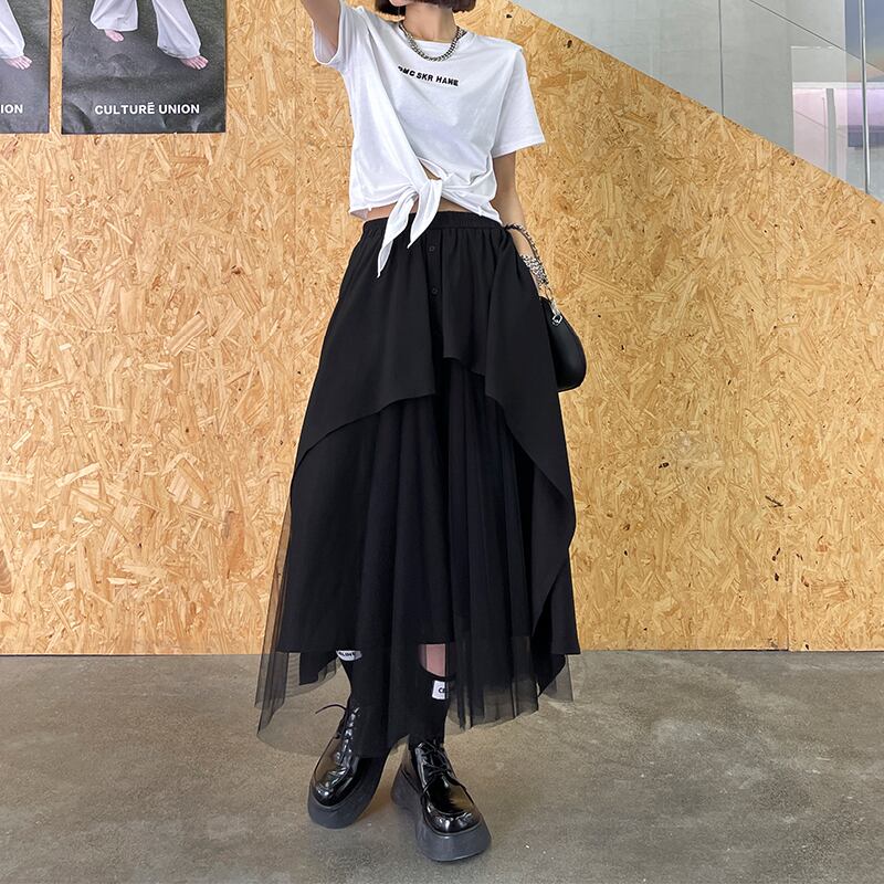 ダークブラックスカート ハイウェストウェストメッシュAラインロング ステッチ ラブタオタオダレンハウス62688664363