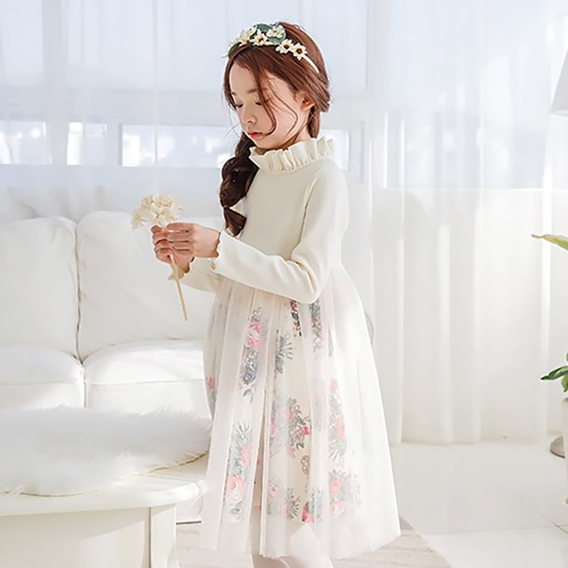 韓国子供服彡 フォーマルシフォン花柄ワンピースドレス発表会