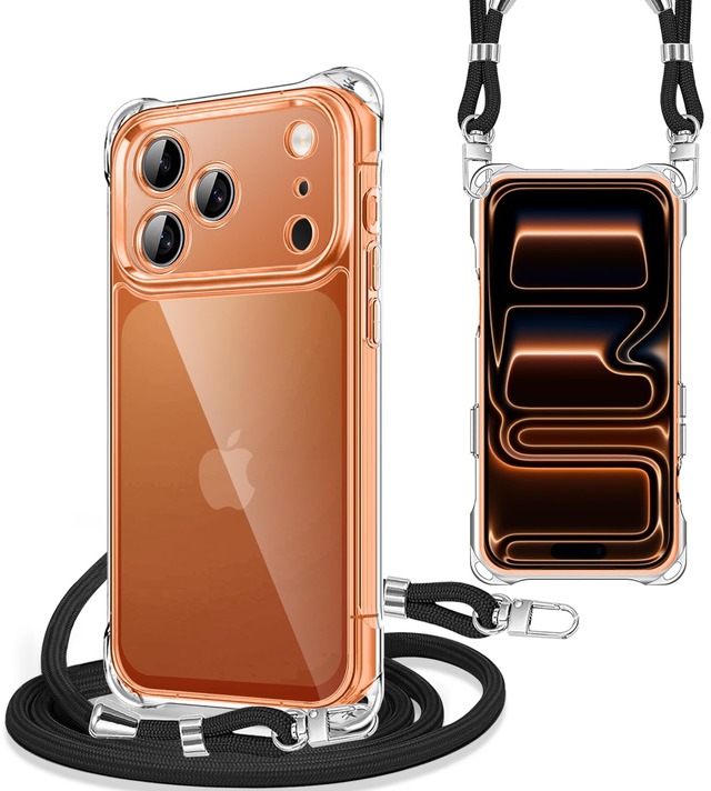 iPhone 17 Pro 用 ケース クリア ショルダー アイフォン17 Pro カバー 肩掛け 斜めかけ 縄掛けケース 透明 スマホケース TPU 薄型 軽量 耐衝撃 携帯ケース 紐付き 斜めがけ 織りストラップ付き ネックストラップ 縦/横 2WAY 長さ調整可能 取り外し可能 落下防止 ワイヤレス充電対応 (クリア)