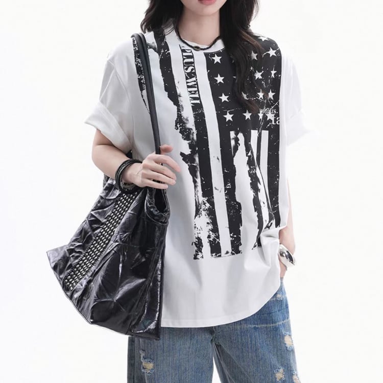 フロントプリント アメリカンフラッグ柄 半袖 Tシャツ ◆2col L60112