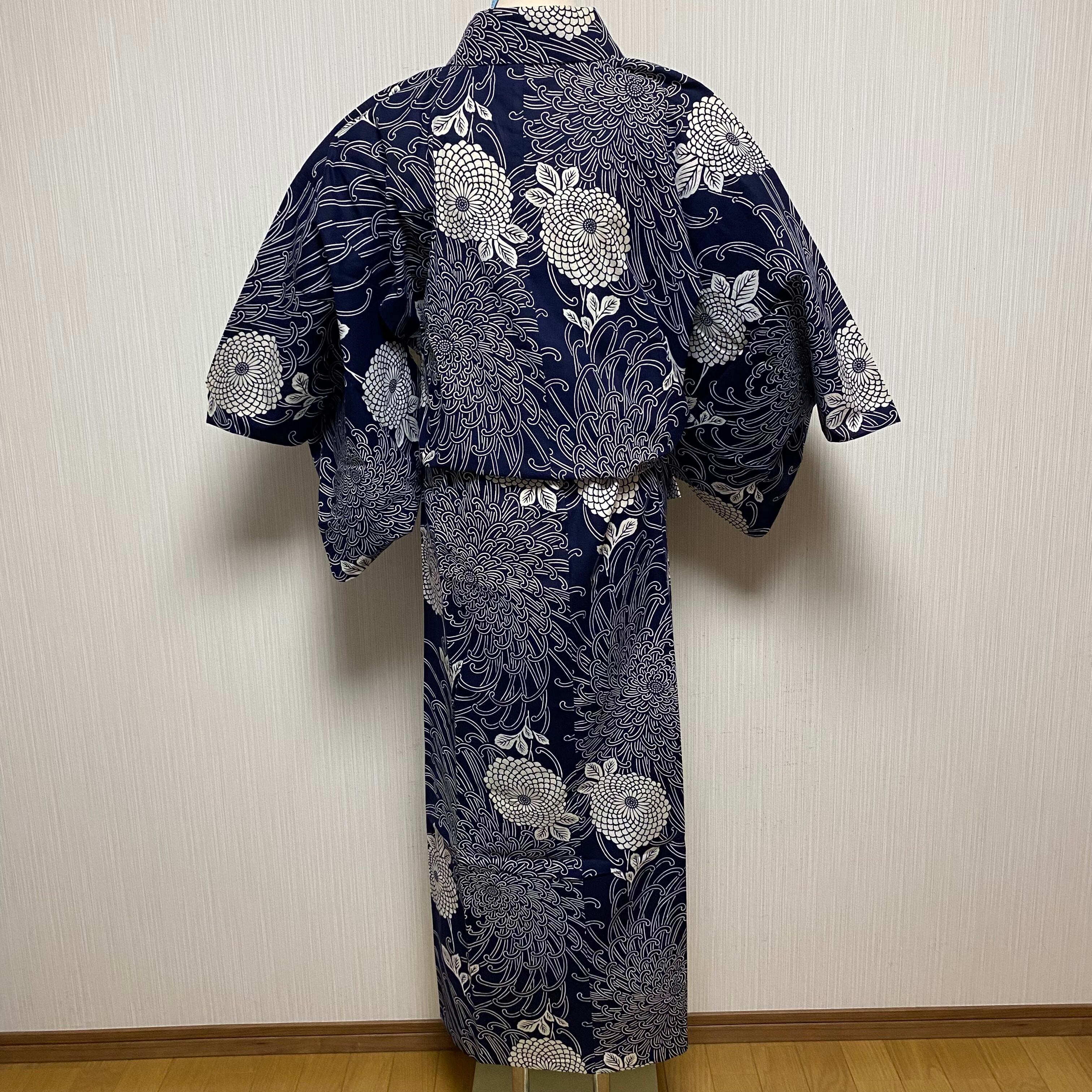 美品✨レディース 浴衣 大輪 菊花文様 濃紺色 昭和レトロ 夕涼み 花火