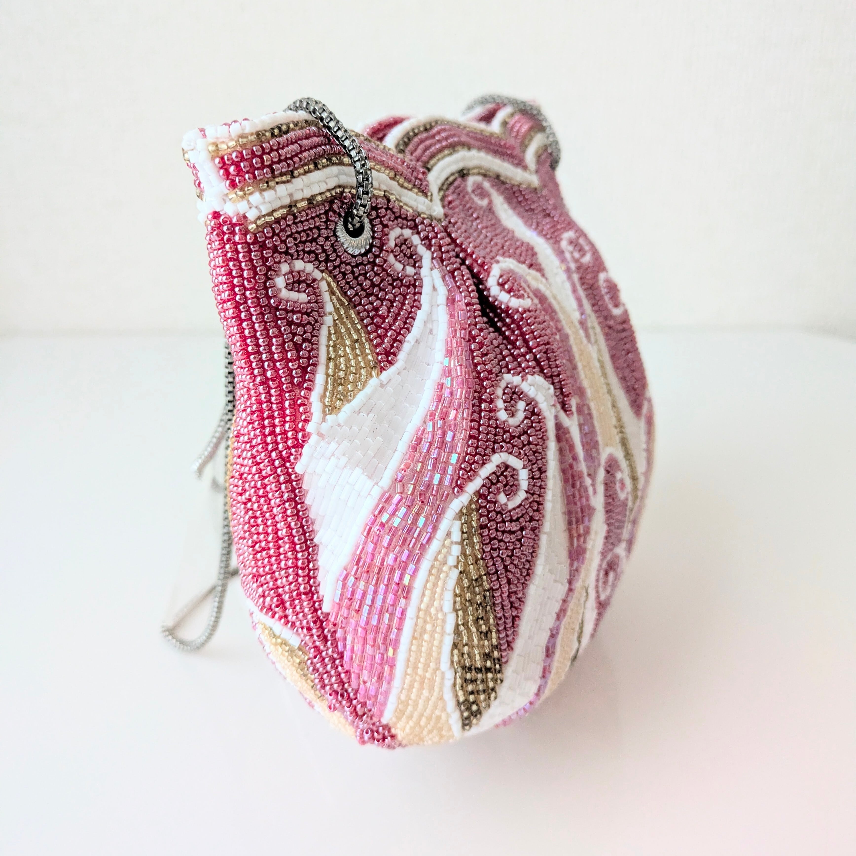 Vintage】ビーズ刺繍バッグ ピンク チューリップ型 パーティーバッグ