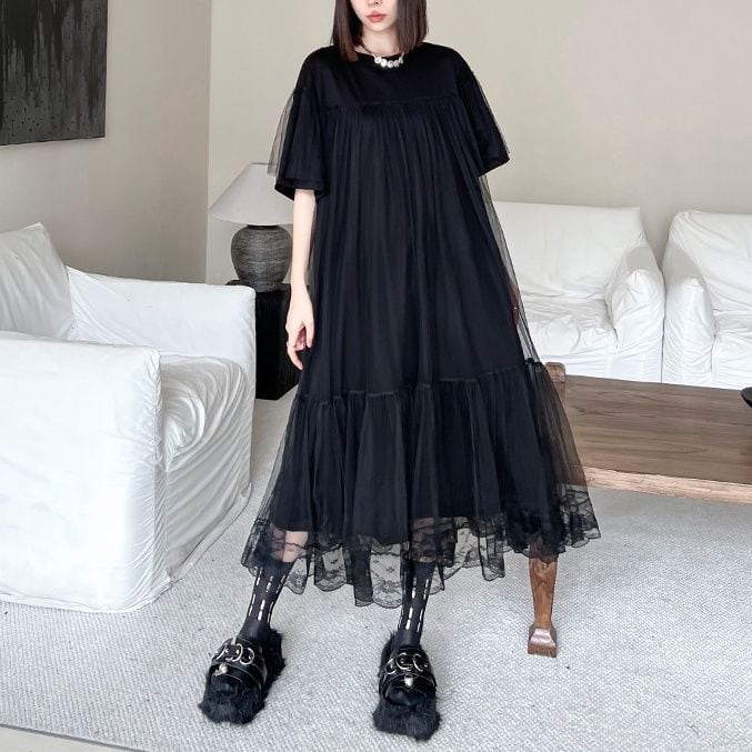 MESH PANEL LOOSE FIT MIDI DRESS M-17185