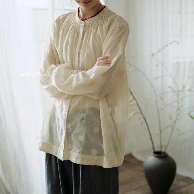 綿麻刺繍入りスタンドカラーシャツ　M0303