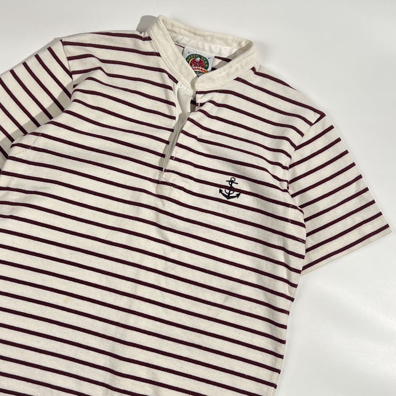 90s カナダ製 BARBARIAN バーバリアン ボーダー柄 半袖 ラガーシャツ S/ボルドー ホワイト系 メンズ