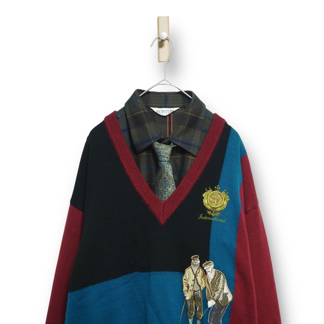 【VINTAGE】ネクタイシャツ＋Vネックニット