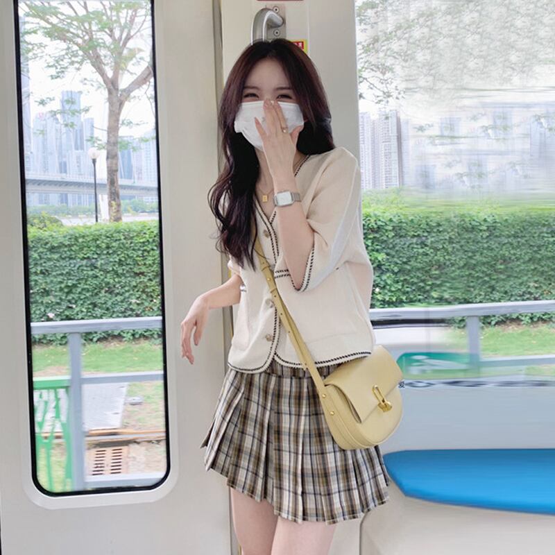 格子柄スカート サマーハイウェストウェスト薄手プリーツAラインショート 夏物 スーパーモール40035303908