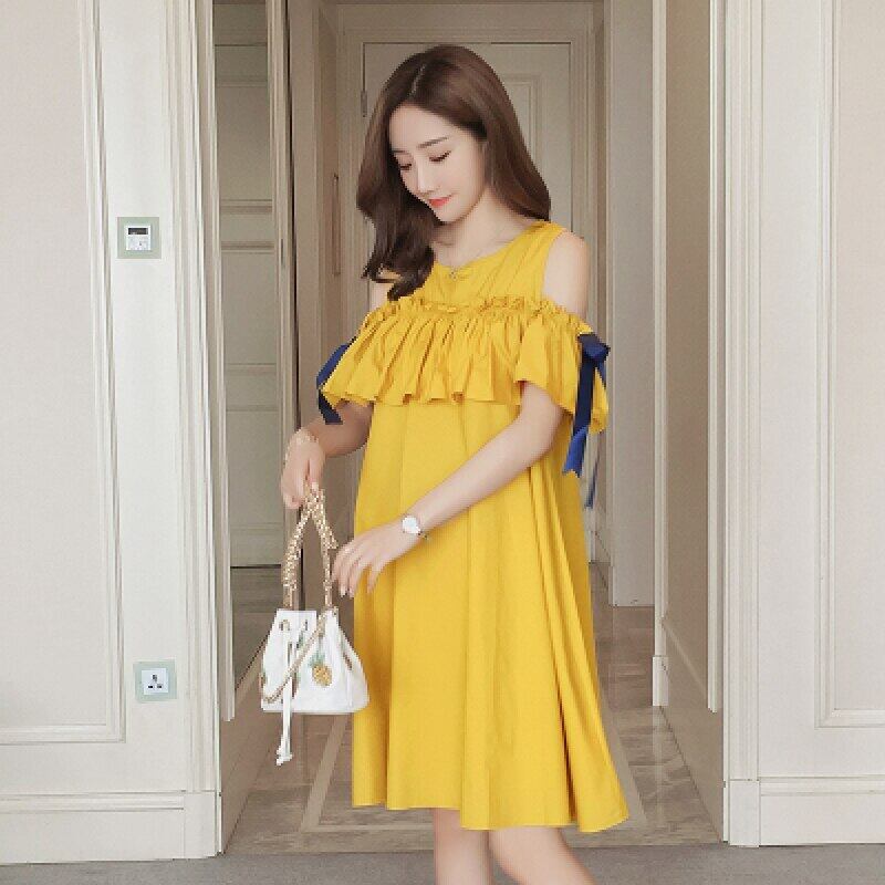 【新作】【送料無料】 810＃サマーショルダーオフフリルマタニティナーシングドレスルーズスウィートコットンフィーディングウェア妊婦妊娠 大人ガーリー キュート カジュアル 夏物 AL expec433986971858