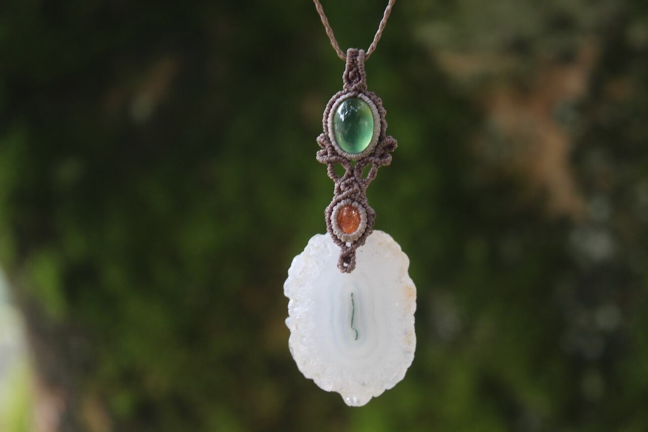 Solar Quartz & Serpentine & Sunstone micro macrame pendant