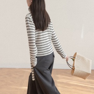 border waist-ribbon round-neck knit　J00463