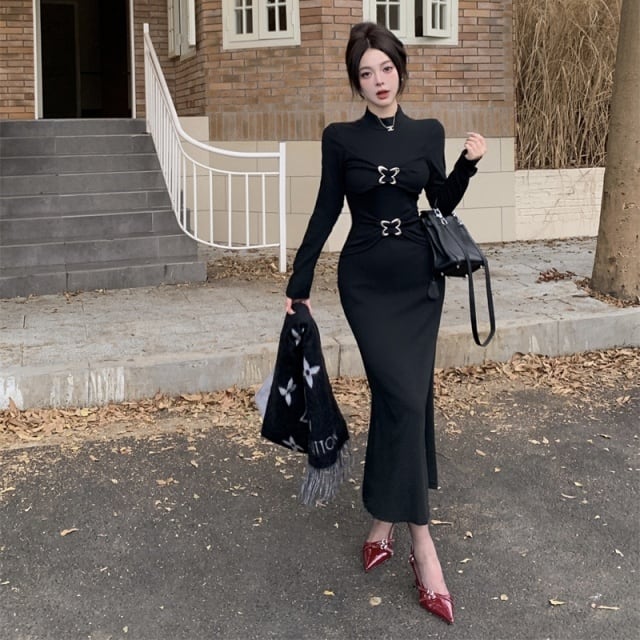 【予約販売】ワンピース レディース タイト ハイネック マーメイド ロングワンピース ブラック ワイン ブラウン 黒 セクシー こなれ感 ワンピ 大人可愛い ドレス エレガント おしゃれ 韓国 トレンド フリー