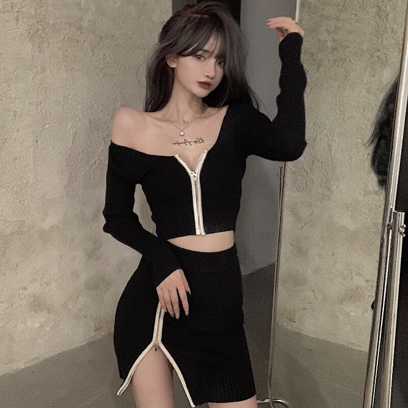 ジッパーブラック長袖ニットセータースモールカーディガンレディース秋スリムスリミング薄手のコートショートアウタージャケット ブラックストロベリース21565134492