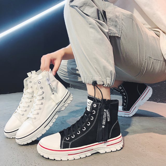 【予約販売】スニーカー メンズ ハイカット キャンバス 厚底 靴 ホワイト ブラック シック お洒落 カジュアル ストリート 24.5cm/25cm/25.5cm/26cm/26.5cm/27cm