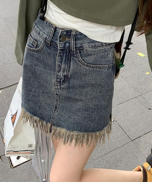 レディース 春夏 秋 新品 Aラインミニスカート デニム 切りっぱなし