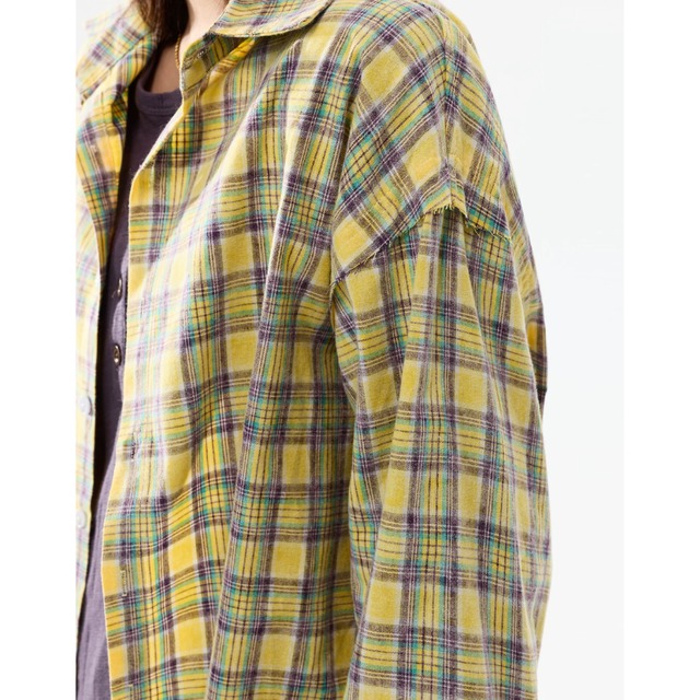 yellow checked lettering shirt　イエローチェック柄レタリングシャツ　J2110