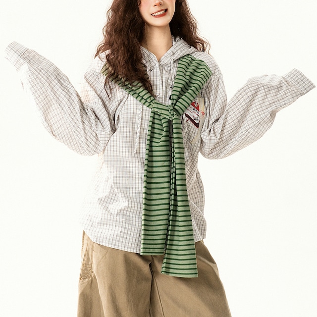 border accent check hoodie shirt　ボーダーアクセントチェックフーディーシャツ　J1782